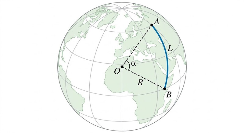 Sphere avec deux points A et B relies par un arc de grand cercle, angle alpha au centre et rayon R