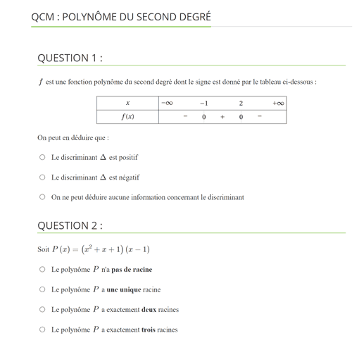 QCM de mathématiques