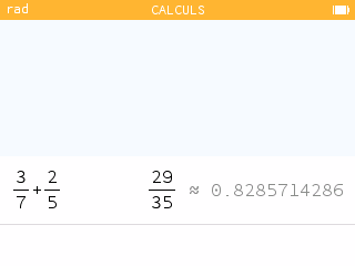 Écran Calculs : 3/7 + 2/5 = 29/35 ≈ 0,8286