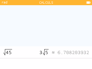 Écran Calculs : √45 = 3√5 ≈ 6,7082
