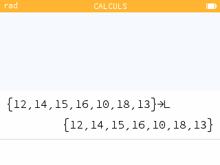 Écran Calculs : liste {12,14,15,16,10,18,13} stockée dans L