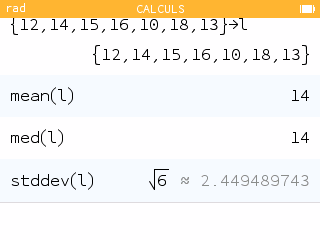 Écran Calculs : mean(L)=14, med(L)=14, stddev(L)≈2,449