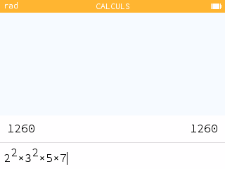 Écran Calculs : décomposition de 1260 en facteurs premiers 2²×3²×5×7
