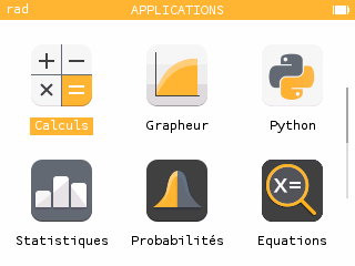 Menu d'accueil NumWorks avec Calculs sélectionnée