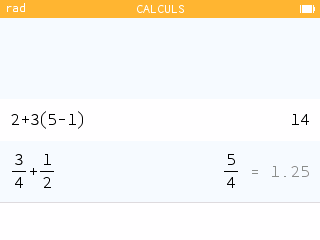 Fraction 3/4 + 1/2 = 5/4 sur NumWorks