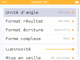Paramètres NumWorks, Unité d'angle sélectionnée
