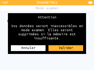 Confirmation d'activation du mode examen sur NumWorks