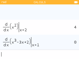 Calculatrice NumWorks affichant les deux premiers exemples : diff(x², x=2)=4 et diff(x³-3x+2, x=1)=0