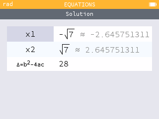 Solutions ±√7 et discriminant Δ = 28 pour x² - 7 = 0