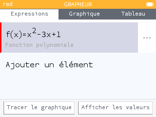 Onglet Expressions avec f(x)=x²−3x+1