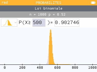 Étape 3 de l'app Probabilités : P(X≥500) ≈ 0,9027 pour B(1000 ; 0,52)