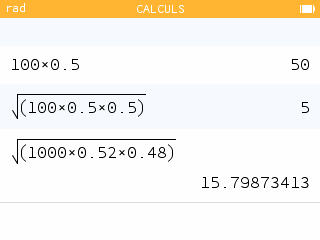 App Calculs : E(X) et σ(X) pour B(100 ; 0,5) et B(1000 ; 0,52)
