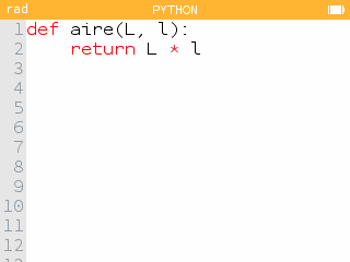 Éditeur de script aire.py avec def aire et return L * l