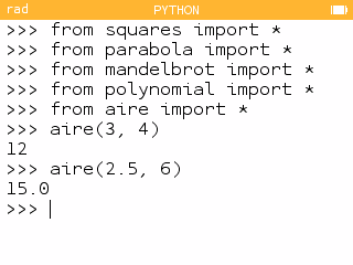 Console Python NumWorks affichant aire(3, 4) = 12 et aire(2.5, 6) = 15.0