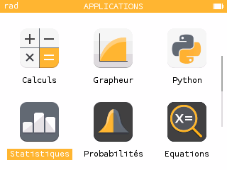 Écran d'accueil NumWorks avec la vignette Statistiques sélectionnée