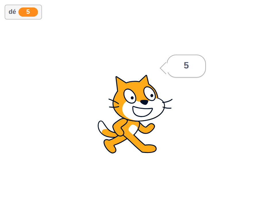 Scène Scratch montrant le chat avec une bulle affichant le résultat 5 d'un lancer de dé