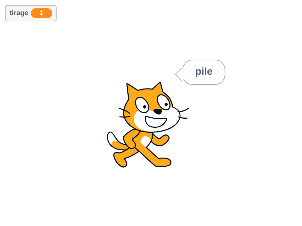 Scène Scratch avec le chat affichant pile dans une bulle après un tirage aléatoire