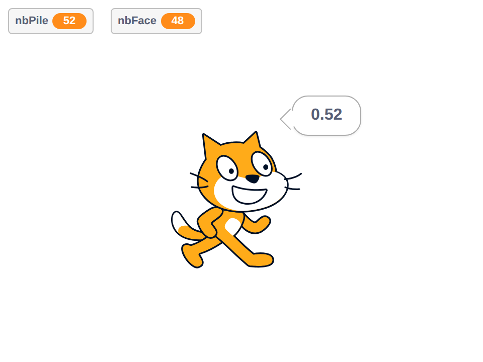 Scène Scratch avec le chat affichant la fréquence 0.52 après 100 lancers