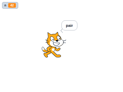 Scène Scratch avec le chat affichant pair dans une bulle après avoir tiré un nombre