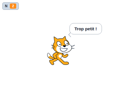 Scène Scratch avec le chat affichant la bulle Trop petit après une saisie utilisateur de 2