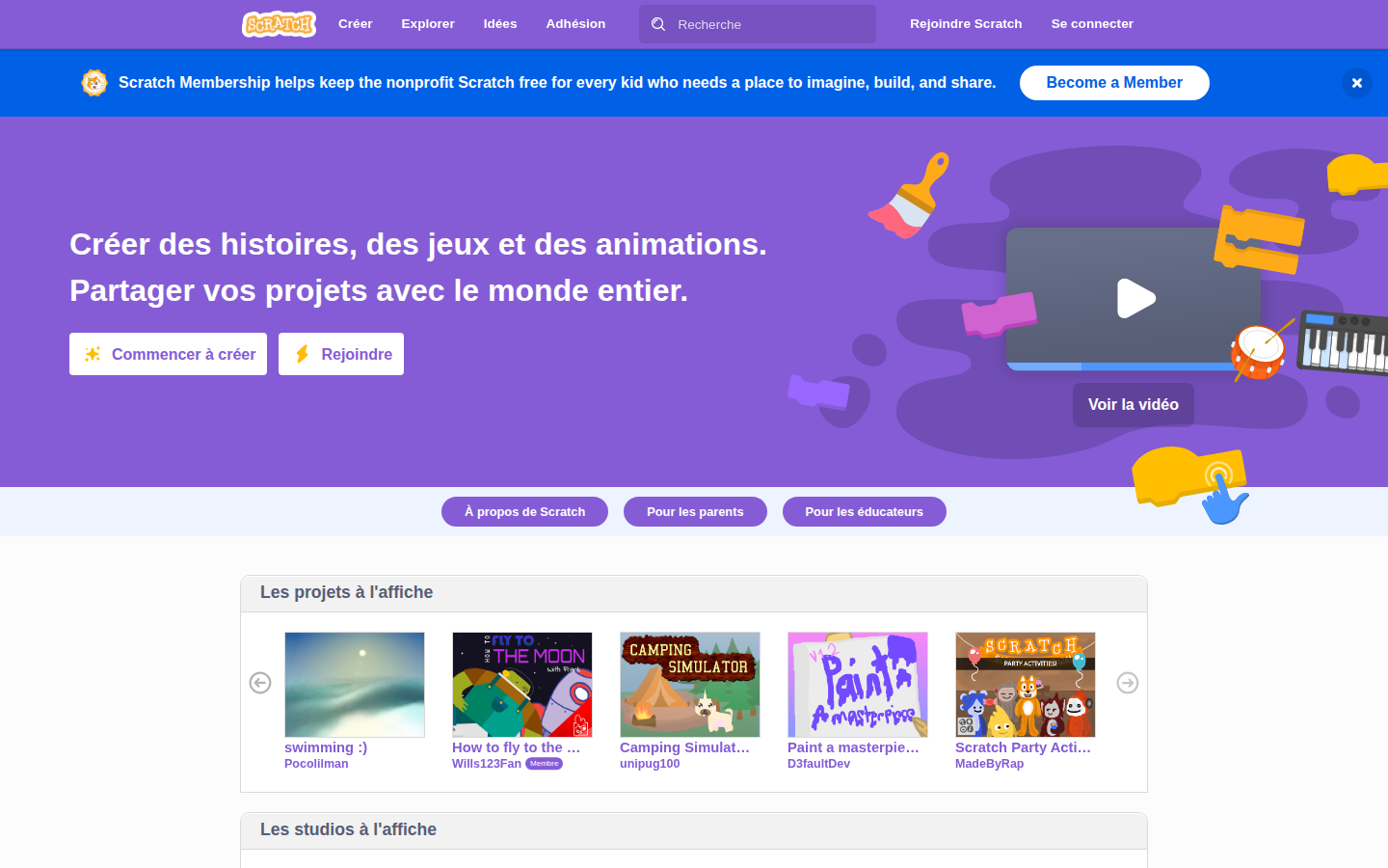 Page d'accueil de scratch.mit.edu en français, avec le bouton Créer dans le menu du haut