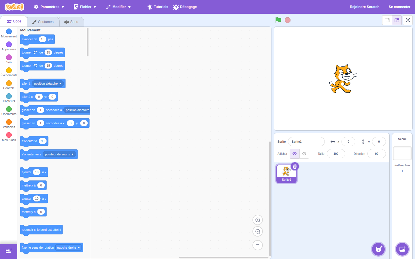 Vue d'ensemble de l'éditeur Scratch : palette de blocs à gauche, zone de scripts au centre, scène avec le lutin du chat et liste des lutins à droite