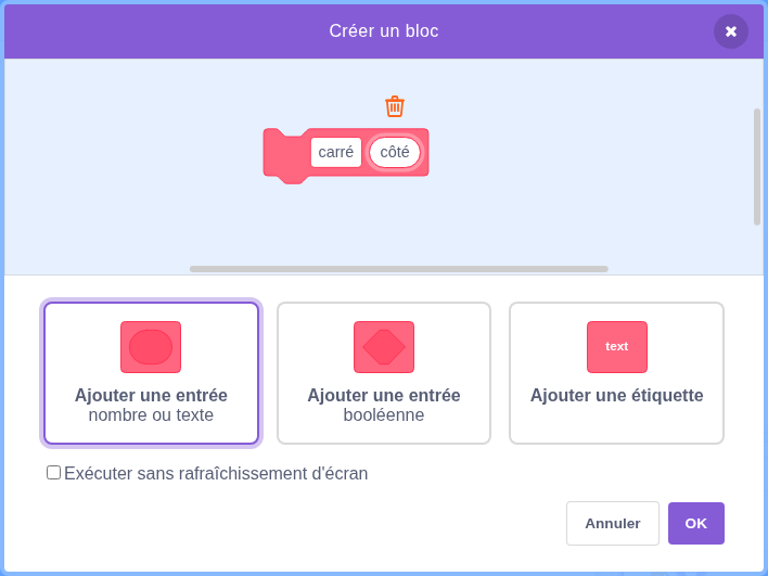 Fenêtre « Créer un bloc » de Scratch : le bloc carré avec une entrée côté, les options d'entrée et le bouton OK