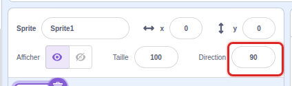 Panneau d'informations d'un lutin Scratch, avec le champ Direction (valeur 90) entouré en rouge