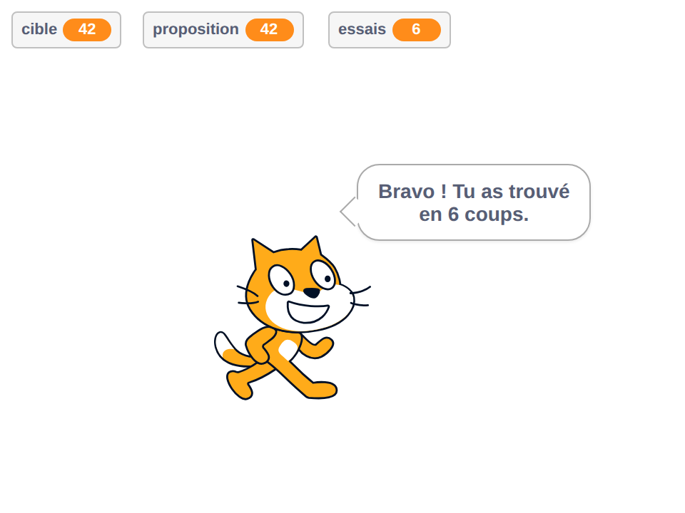 Scène Scratch montrant le chat qui annonce Bravo Tu as trouvé en 6 coups après une partie gagnée