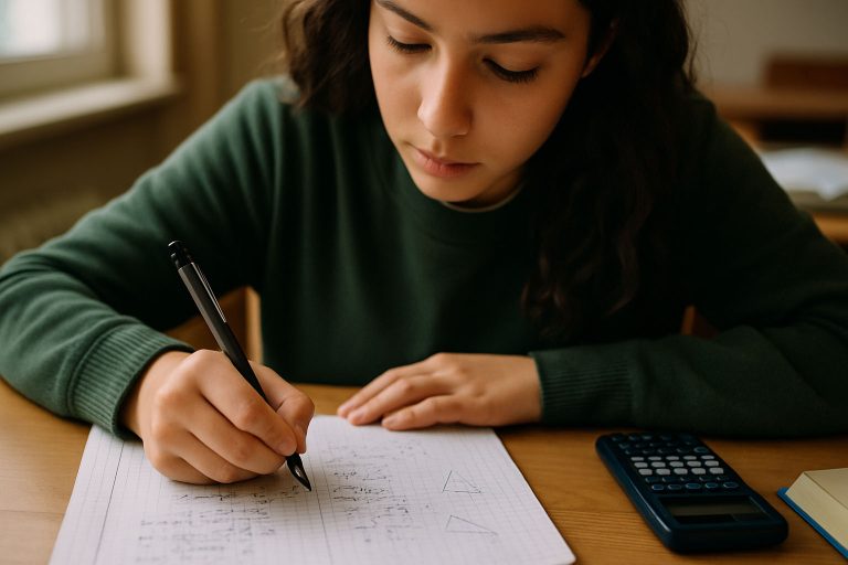 Élève rédigeant soigneusement un exercice de mathématiques sur une copie à carreaux