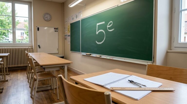 Salle de classe de collège avec « 5e » écrit à la craie au tableau, cahier, règle et compas sur une table au premier plan