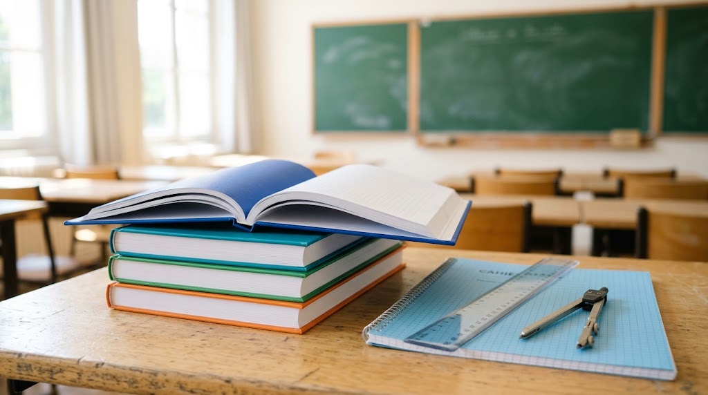 Manuels de mathématiques neufs, règle et compas posés sur une table de lycée dans une salle de classe à la rentrée